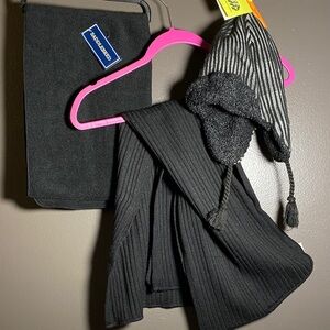 Set of 3 -  Fleece Scarf NWT - Ribbed Hooded Scarf Hat - Blk/Gray/Wht Beanie NWT